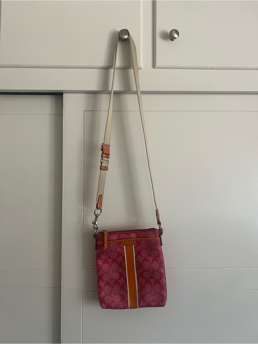 Coach Pink Signature Crossbody with Orange Stripe